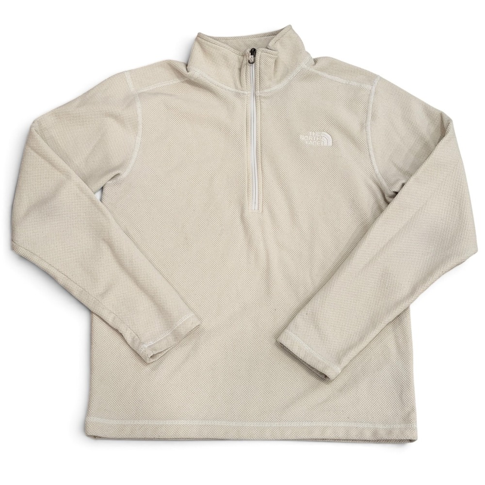 The North Face Mens M Quarter Zip Fleece Pullover Cream Beige Waffle Grid Logo